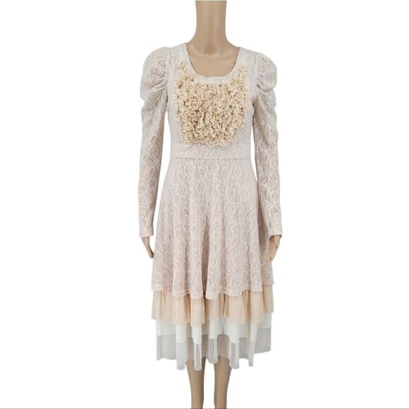 Ryu Cream Ruffled Eyelet Lace Tulle Layers Of Sweet Romantic Boho Chic Lagenlook - Picture 1 of 14